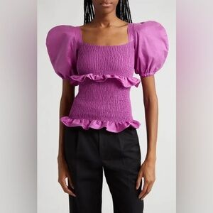 New Orire Nama Smocked Puff Sleeve Top in Orchid Pink Dramatic Sz 8